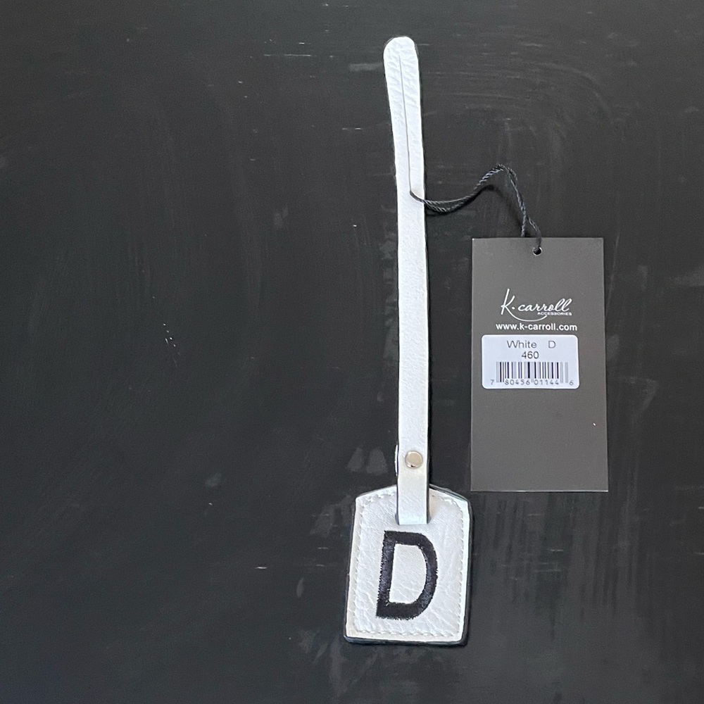 NWT “K•Carroll” Bag Tag Monogram Letter “D” White Bag Tag with “Black” Letter